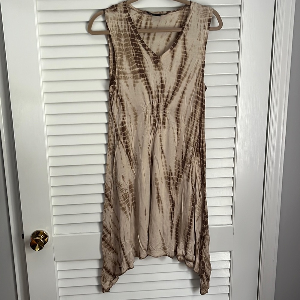 Calvin Klein Jeans Tie Dye Asymmetrical Hem Dress Beaded Cinch Chest V Neck